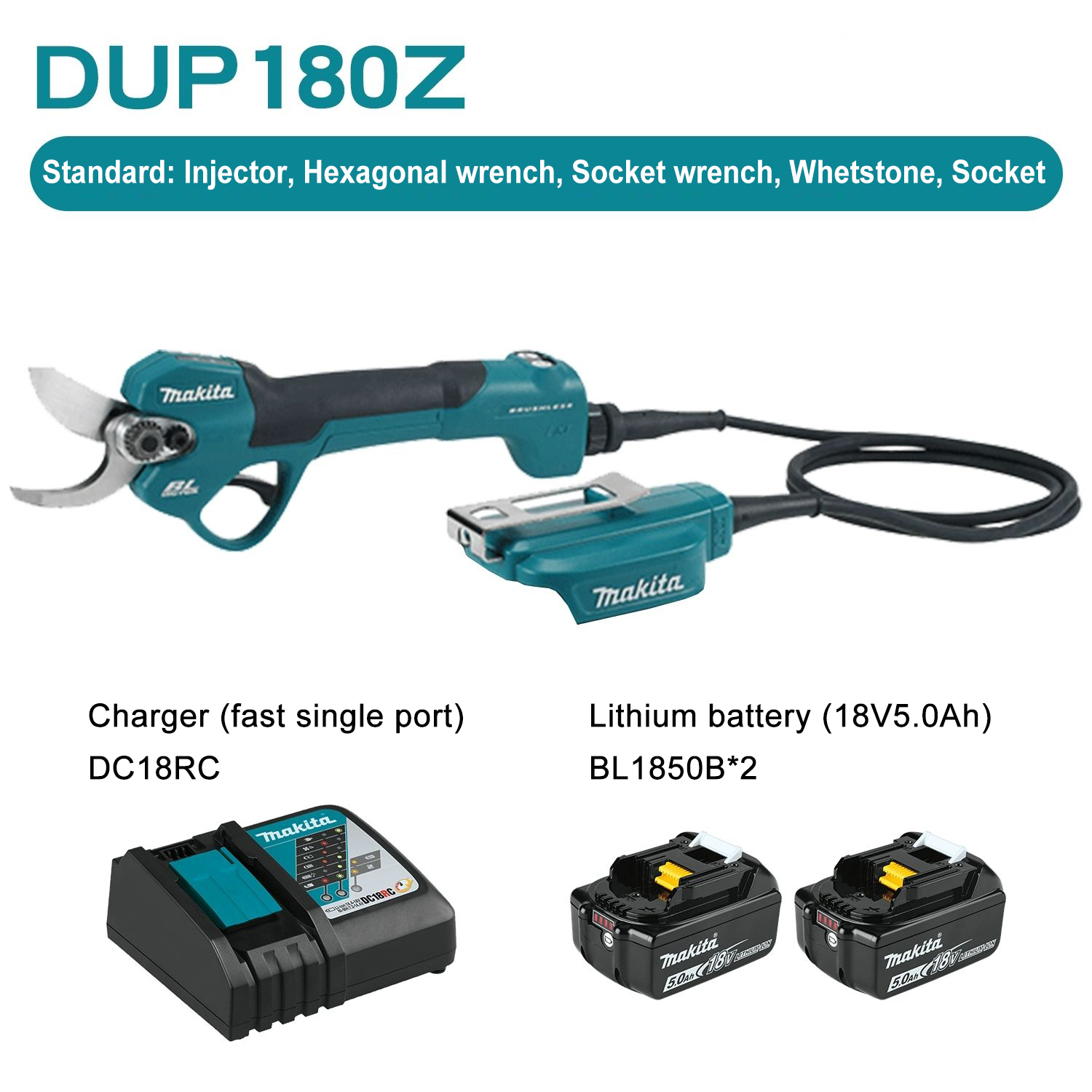 Makita DUP180Z*1, 18V 5,0Ah lítium akkumulátor*2, tárolódoboz*1, vágófej*1, töltő*1+tartozékok