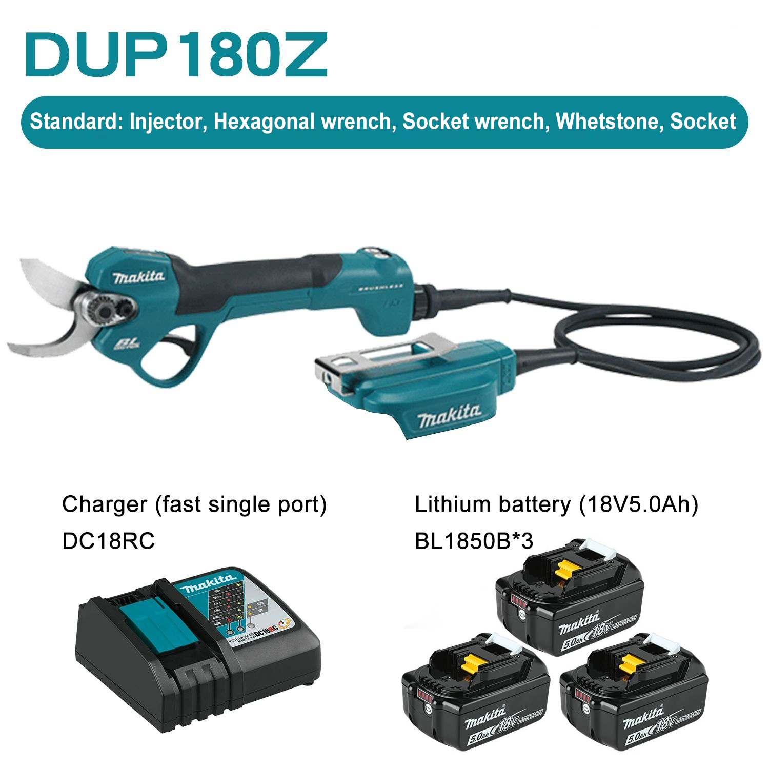 Makita DUP180Z*1, 18V 5,0Ah lítium akkumulátor*3, tárolódoboz*1, vágófej*1, töltő*1+tartozékok