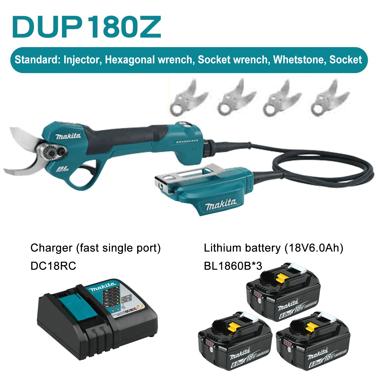 Makita DUP180Z*1, 18V 6.0Ah lítium akkumulátor*3, tárolódoboz*1, vágófej*5, töltő*1+tartozékok