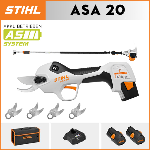STIHL ASA20*1, lítium akkumulátor*2, tárolódoboz (37*20*11cm)*1, vágófej*5, töltő*1, 30-50 cm-es teleszkópos rúd*4 (tárolási hossz 30 cm)