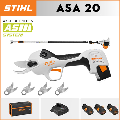 STIHL ASA20*1, lítium akkumulátor*3, tárolódoboz (37*20*11cm)*1, vágófej*5, töltő*1, 30-50 cm-es teleszkópos rúd*4 (tárolási hossz 30 cm)