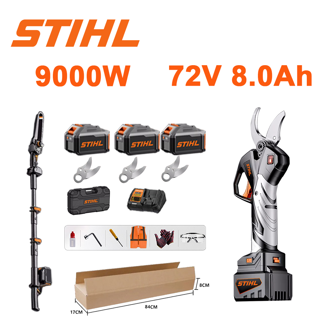 (Teleszkópos rúddal) LED teljesítmény kijelző - (36 óra akkumulátor élettartam) 9000W kefe nélküli motor lítium akkumulátor metszőolló + 72V 8,0Ah akku * 3 + töltő + SK9 penge * 3 + fényrúd * 1 + szerszámos doboz + kenőolaj + védőszemüveg, 6 év garancia