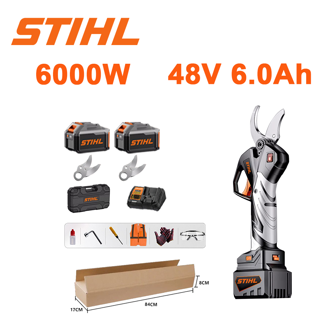 LED Power Display - (24 órás akkumulátor-élettartam) 6000 W-os kefe nélküli motoros lítium akkumulátoros metszőolló + 48V 6,0Ah akkumulátor * 2 + töltő + SK5 penge * 2 + fénysáv * 1 + szerszámos doboz + kenőolaj + biztonsági szemüveg, 6 év garancia